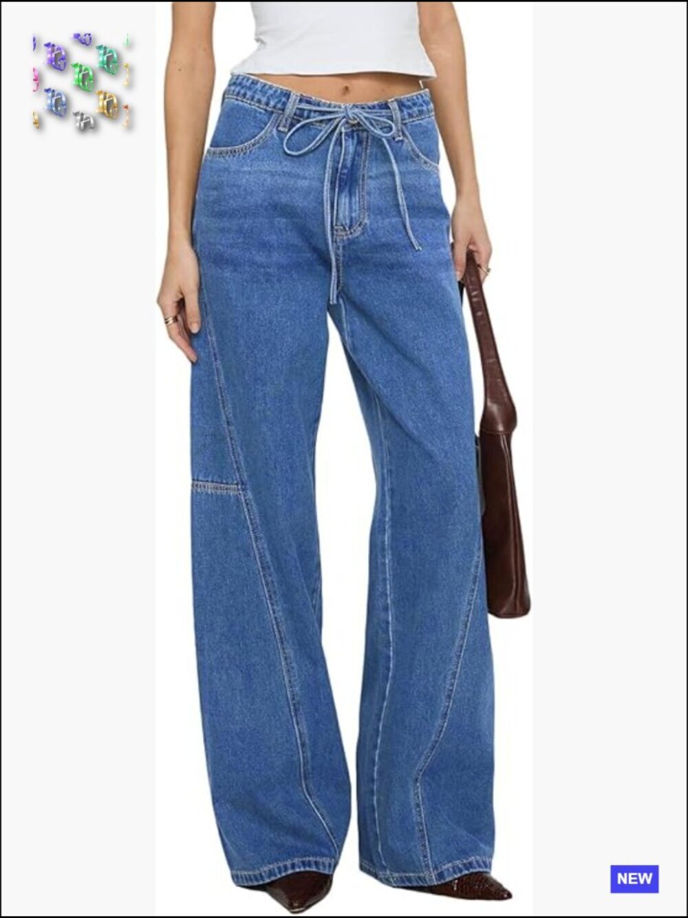 Mid Waisted Wide Leg Denim Pants Stretchy Drawstring Baggy Jeans